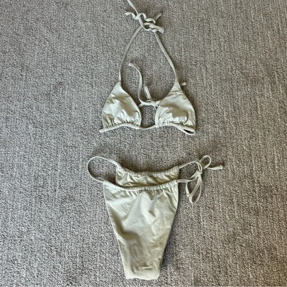 JOAH BROWN triangle bikini top + side tie bikini bottom in Dune - Picture 4 of 5